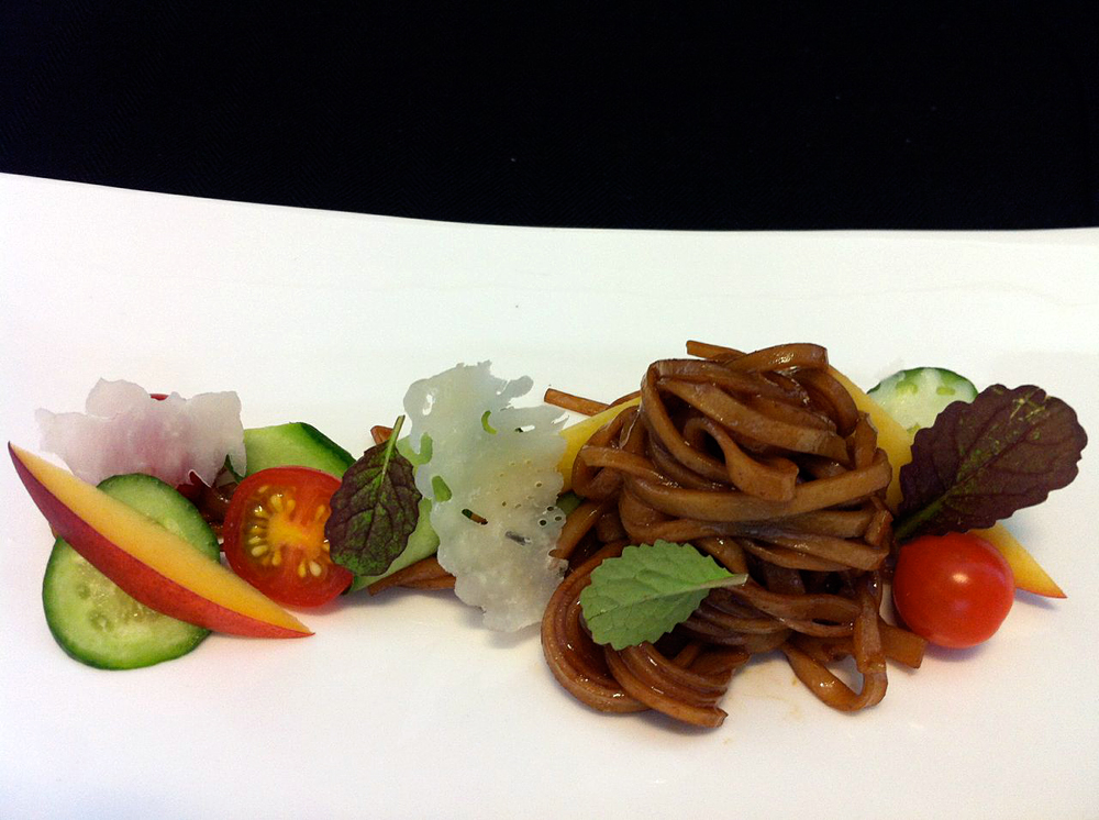 House Balsamic Pasta with Shaved Parm, Marinated Veg, Micro Herbs. Photo courtesy Nosh SF