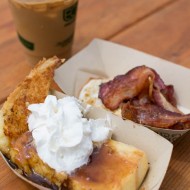 Breakfast at Outside Lands: Blue Bottle Coffee & Griddled French Toast  from Il Cane Rosso, with whipped cream and salted maple caramel + crispy bacon and fried egg on the side