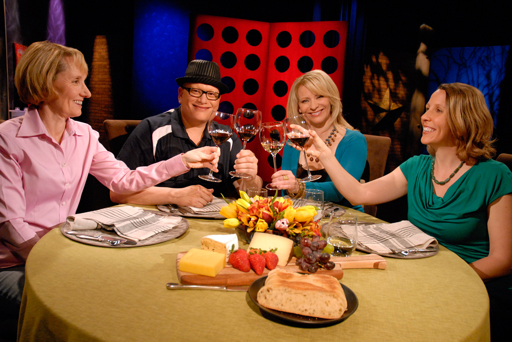 Guests and host Leslie Sbrocco tape the seventh episode of Season 8 of Check, Please! Bay Area at KQED. Photo: Wendy Goodfriend