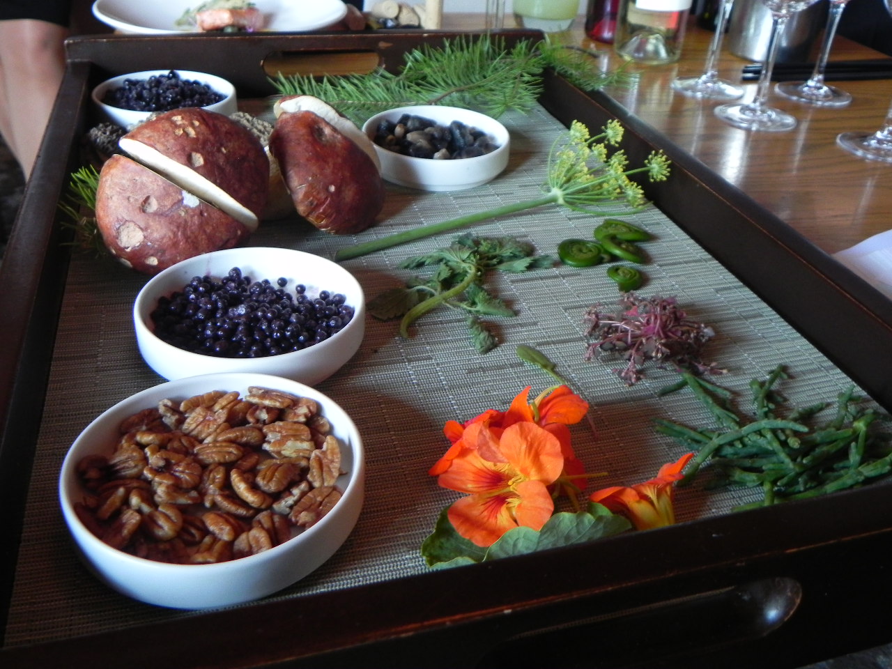 A display of wild foods gathered by Chef Kory Stewart and foraging expert Connie Green at the third annual Wild Foods dinner on June 6.