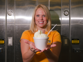 Former University of Missouri graduate student Elizabeth Fenner poses with her "flavor release"€ ice cream that shifts from vanilla to cherry flavor in the mouth. Photo: University of Missouri News Bureau
