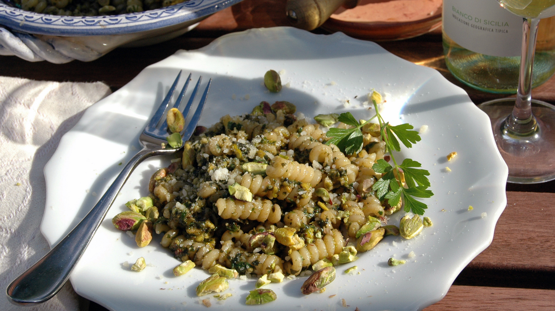 Julia della Croce says pistachio pesto is an economical — and delicious — alternative when Italian pine nuts can cost up to $120 per pound. Photo: Nathan Hoyt/Courtesy of Julia della Croce