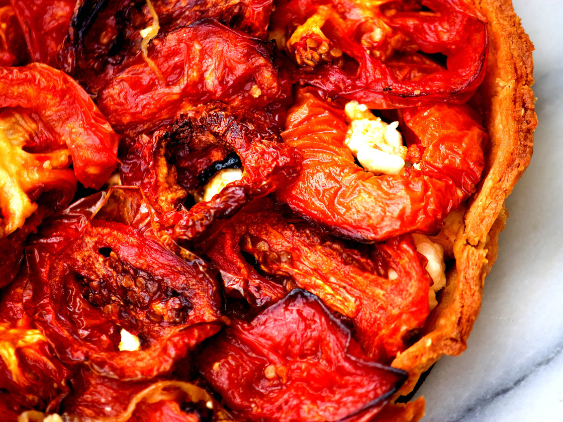 Roasted Tomato Tart With Caramelized Onions And Parmesan Crust. Photo: T. Susan Chang