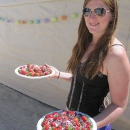 Brooke bearing chocolate dipped strawberries with rainbow sprinkles