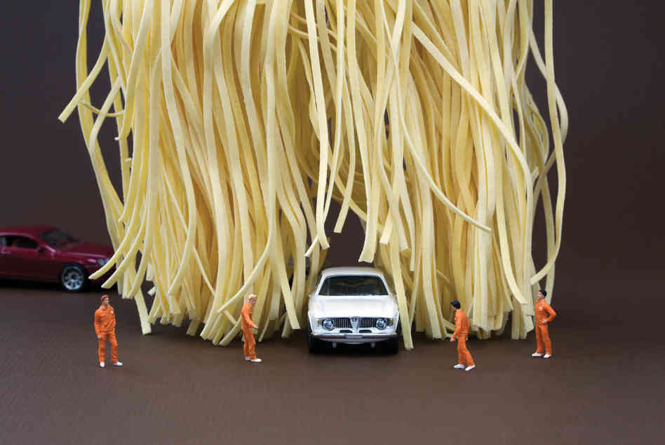 Linguine Car Wash: "The deluxe carbonara option was canceled after too many customers lost mirrors and antennas." Photo: Christopher Boffoli/Courtesy Workman Publishing