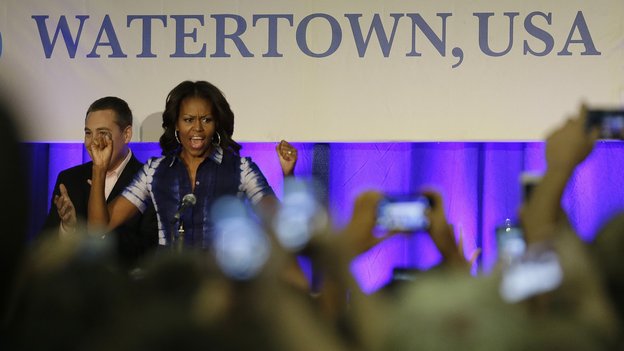 First lady Michelle Obama participates in an event at Watertown High School to encourage people to drink more water. Photo: Morry Gash/AP