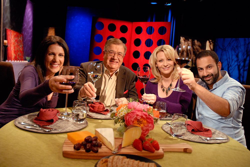 Guests and host Leslie Sbrocco tape the twelfth episode of Season 8 of Check, Please! Bay Area at KQED. Photo: Wendy Goodfriend