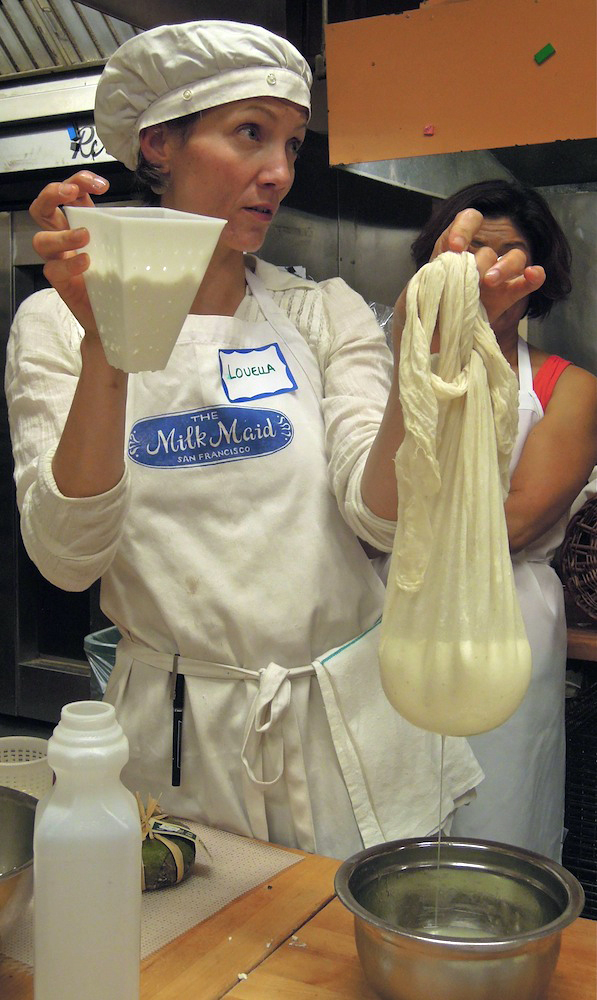 Plastic cheese mold vs. cheesecloth draining. Photo: Anna Mindess