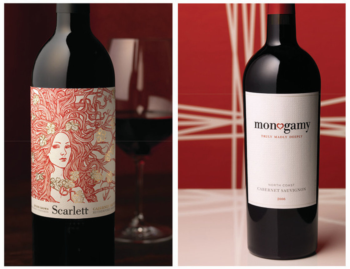 Shelf pop: Brilliant red ink and an arresting illustration make Scarlett stand out in a sea of Napa cabernet sauvignons. A splash of gold adds richness and elegance. Photo: Tucker & Hossler/Courtesy of CF Napa Brand Design