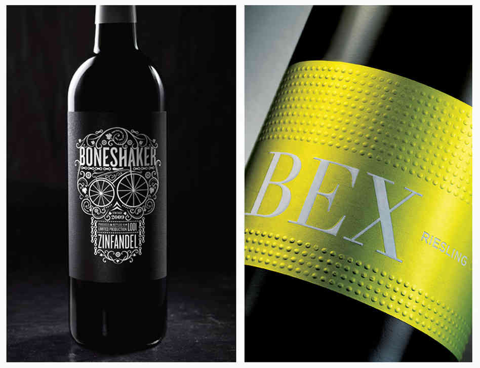 Hip and modern: The skull and bicycle gears on the Bone Shaker label speak to the hipster in all of us, while the clean, bold design of the BEX riesling sets it apart from other stodgy European labels and evokes the precision of German auto engineering. Photo: Tucker & Hossler/Courtesy of CF Napa Brand Design