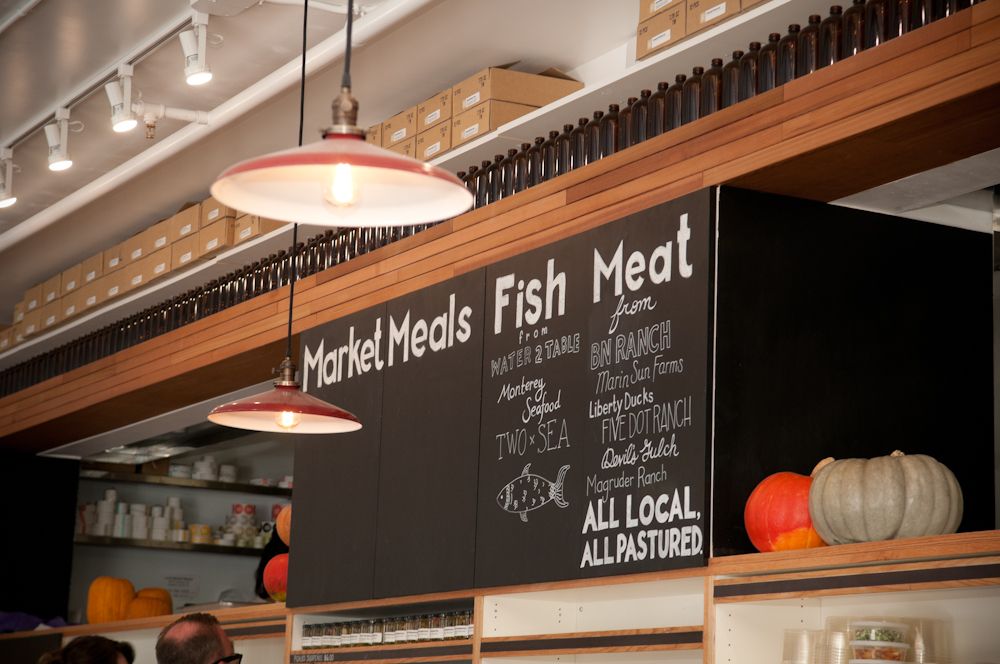 Signage for Fish and Meat revealing local sources. Photo: Naomi Fiss