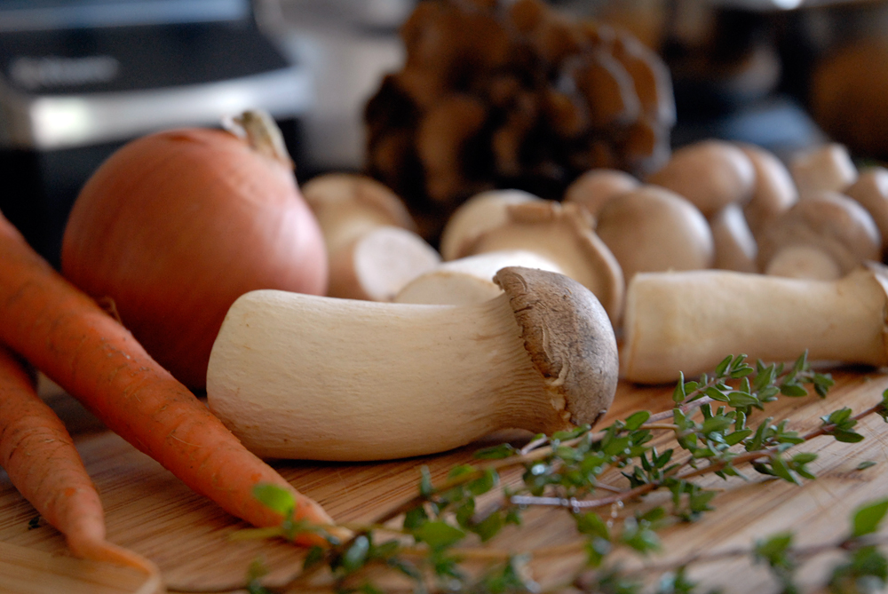 Ingredients for Wild Mushroom gravy: trumpets, maitakes, thyme, carrots, onion. Photo: Wendy Goodfriend