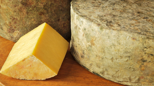 Shelburne Farms' clothbound cheddar has a bright yellow color because it's made from the milk of cows that graze on grasses high in beta-carotene. Photo: Courtesy of A. Blake Gardner