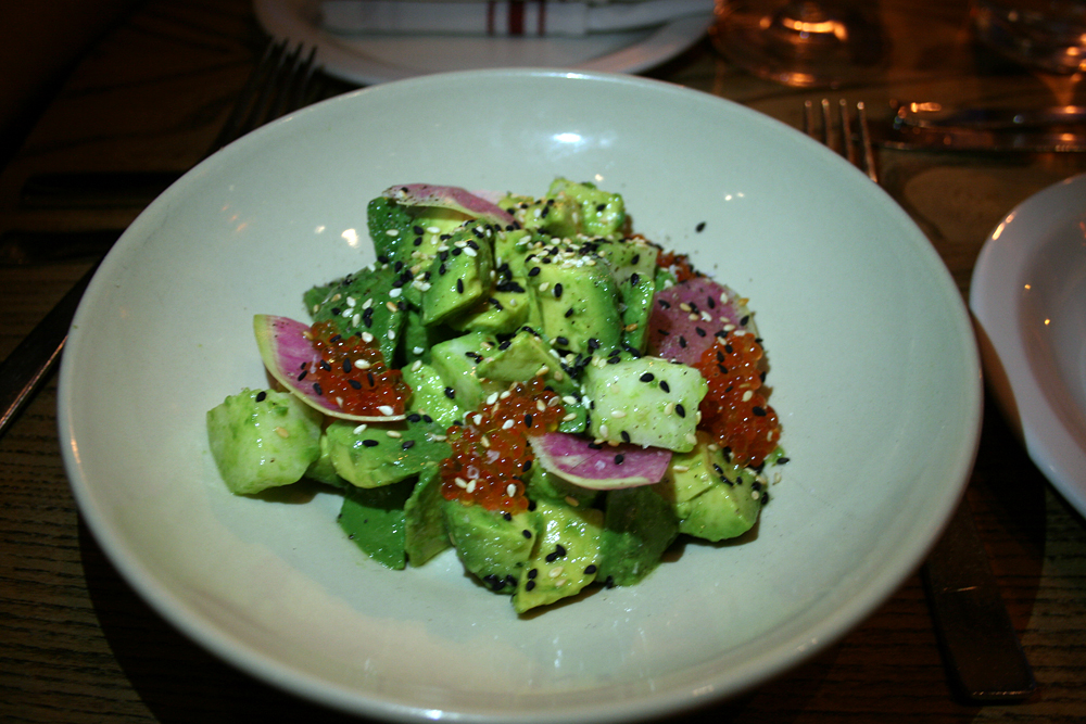 Starter of creamy avocado and jicama studded with sesame seeds and trout roe. Photo: Lauren Sloss