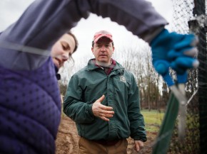 Chris Guerre and his wife, Sara, repair a fence at their farm in Great Falls, Va. Photo: Zac Visco for NPR 