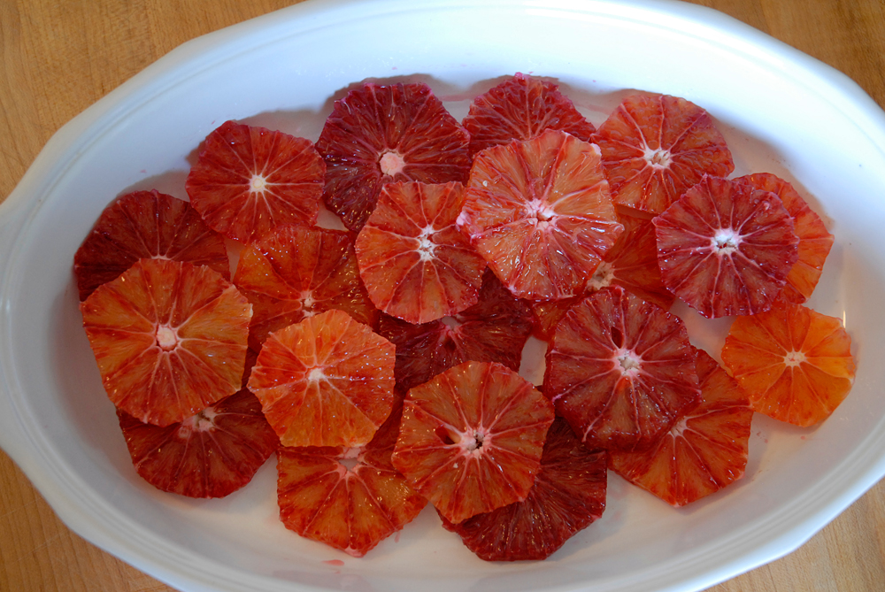 Sliced blood oranges in  shallow baking dish. Photo: Wendy Goodfriend