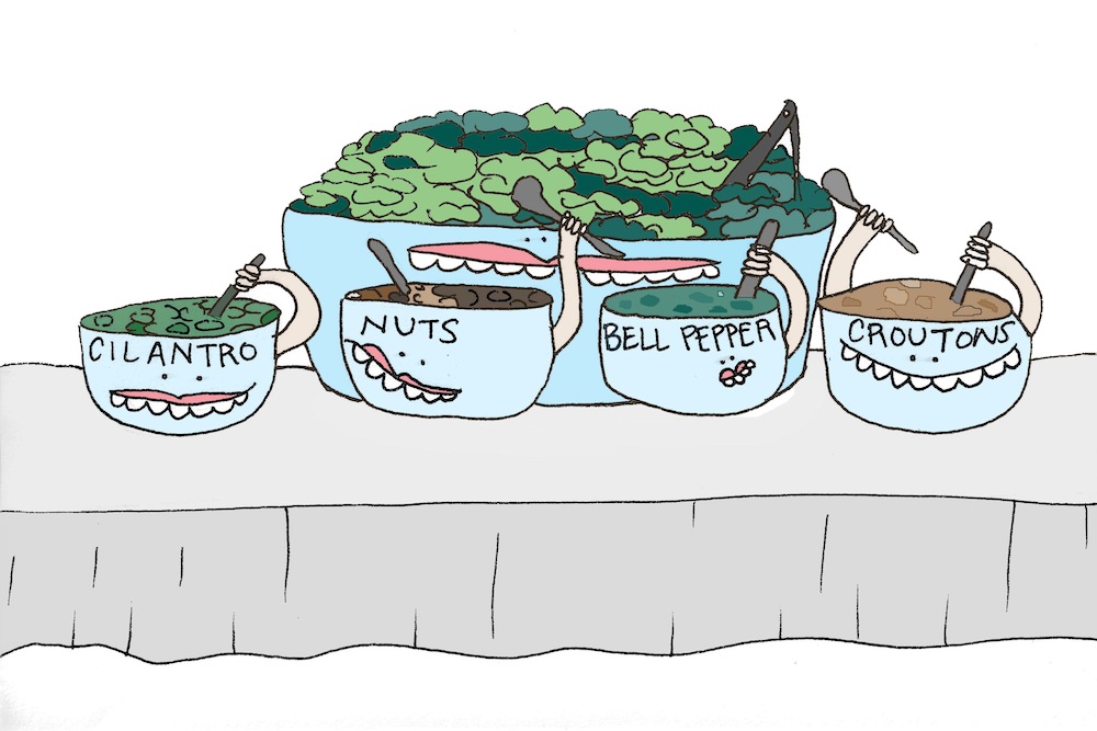 Thoughtful hosting: a make your own salad bar. Illustration: Lila Volkas