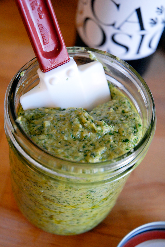 Spoon the pesto into an airtight container. Pour a little oil over the top, cover, and refrigerate for up to 2 weeks. Photo: Wendy Goodfriend