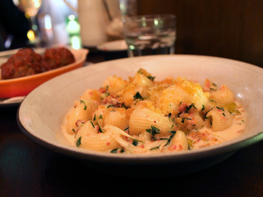 Lumaconi with speck, puntarelle, and lemon breadcrumbs is one of three simple pasta dishes on Tosca’s menu. Photo: Kate Williams