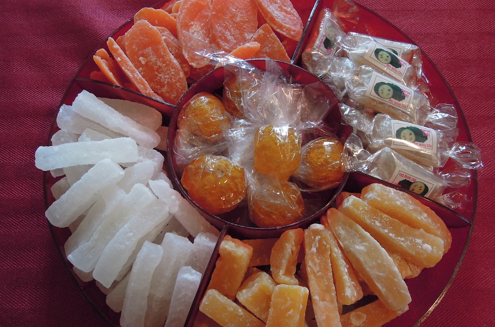This Sweet Fortune Snack Tray contains candied winter melon, carrots, yam, kumquats and soursop.