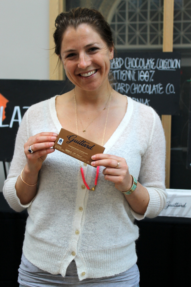 Amy Guittard shows off their 100% cocoa bar, the only San Francisco-area chocolate to win a Good Food Award this year. Photo: Kate Williams
