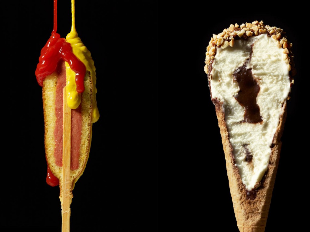 A hotdog and ice cream cone from Beth Galton and Charlotte Omnes' "Cut Food" series. Photo: Courtesy of Beth Galton