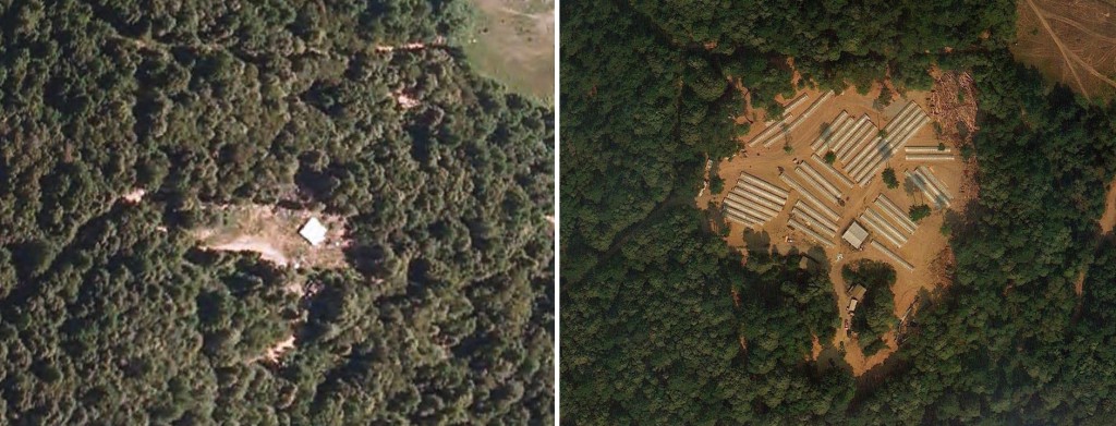 Left: A North Coast marijuana grow site in 2010, with nothing but a little white roofed structure. Right: The same site in 2012. Photo: Google Earth