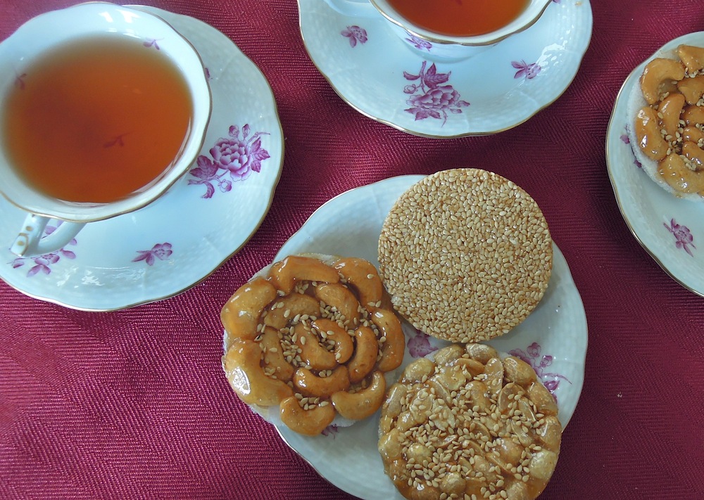 Tea and sweets, like these nutty cookies, are served to family and friends when they come to visit.