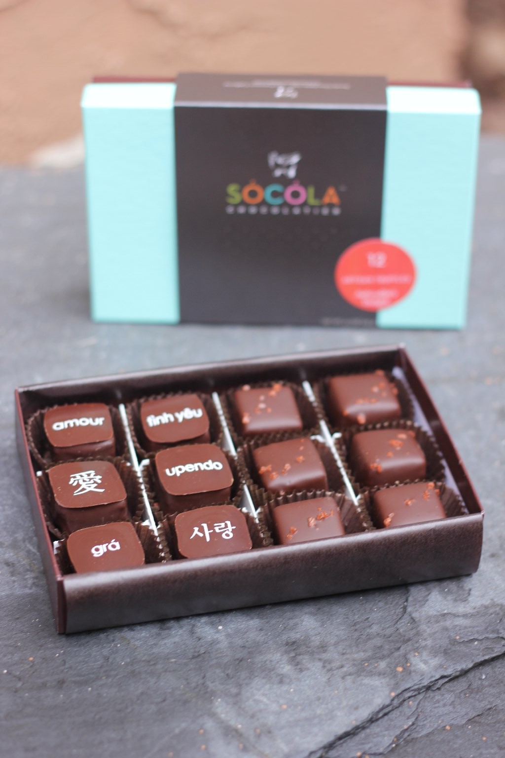 Socola Chocolatier offers a Valentine’s Day selection that includes chocolates with “love” in various languages. Photo: Momo Chang