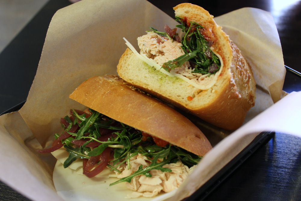 The turkey sub is made with house roasted turkey breast, tomato conserva, provolone, arugula, and dressing. Photo: Kate Williams