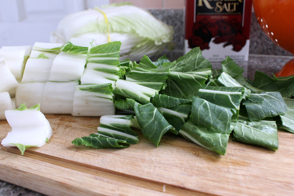 I like to equal parts of bok choy and napa cabbage in my kimchi. I cut each into 2-inch pieces. Photo: Kate Williams