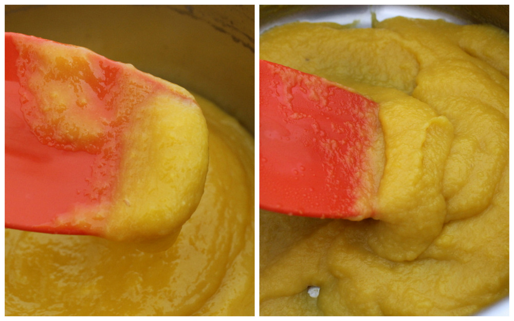 I like to reduce the fruit puree on the stove before dehydrating it in the oven. Here, I’ve reduced the mango puree from a thin, smoothie-like consistency (on the left), to a puree that looks more like applesauce (on the right). Photo: Kate Williams