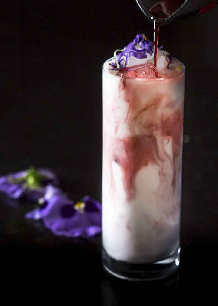 Violet Fizz cocktail: gin, raspberry, cream, seltzer. Photo: Eric Wolfinger Photography. 