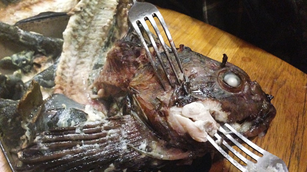 The head of a cabezon fish prepared by the author. Photo: Alastair Bland/NPR