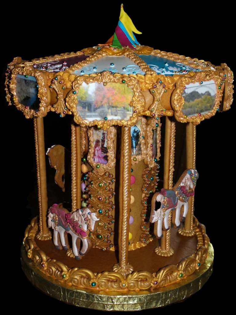 Lynne Schuyler created this gingerbread carousel. Her day job? Mechanical design for a commercial refrigeration company in Kimberly, Idaho. Photo: Lynne Schuyler via Cookie Connection