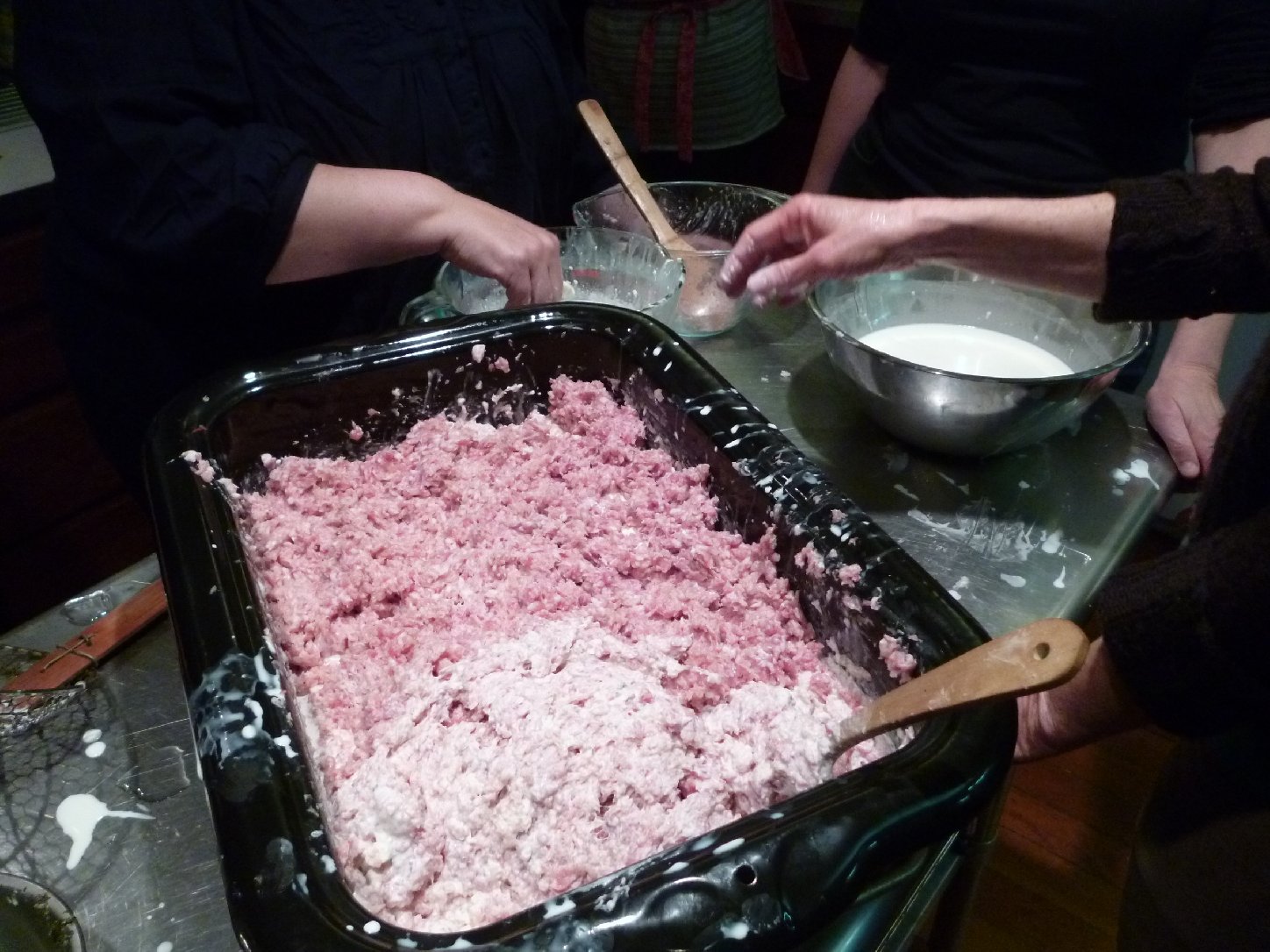 Mixing the sausage with cream and bread crumbs. Photo: Stephanie Rosenbaum