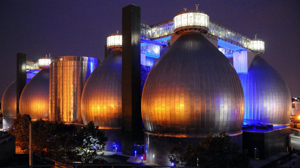 The digester eggs at Newtown Creek Wastewater Treatment Plant in Brooklyn contain millions of gallons of black sludge. Photo: Courtesy of New York City Department of Environmental Protection