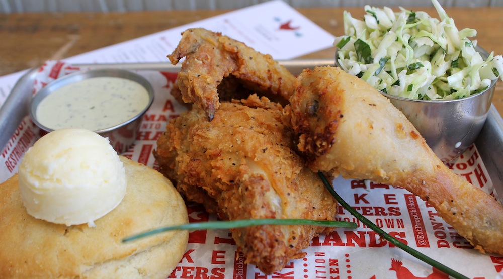 The fried chicken entrée at Propositon Chicken comes with a buttermilk biscuit, spicy slaw, and ranch dressing. Photo: Kate Williams