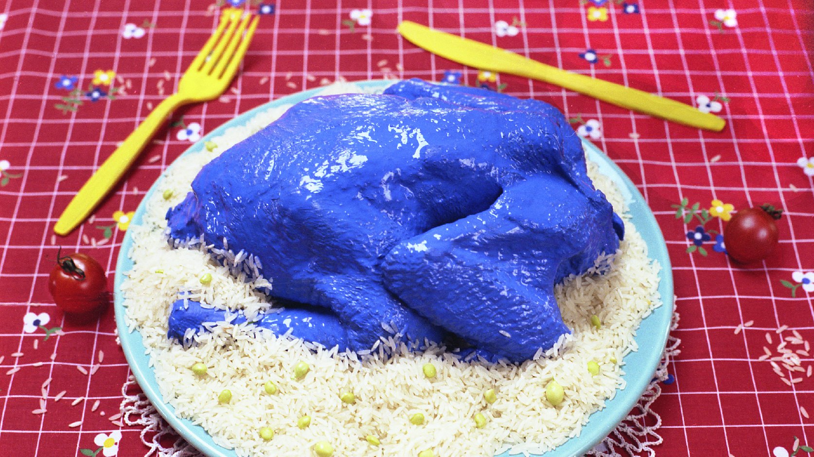 Does this blue chicken make you queasy? Scientists say there might be an evolutionary reason for that. Photo: Courtesy of Laurie Brown