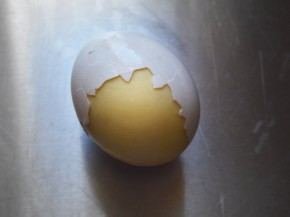 A hard-boiled "golden egg," which was scrambled inside the shell before boiling. Photo: Courtesy Y Line Product Design