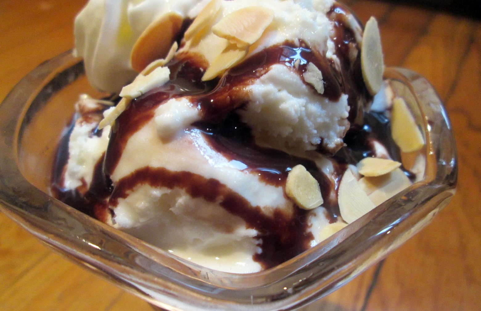 A sundae with hot fudge, almonds and whipped cream. Photo: Laura B. Weiss for NPR