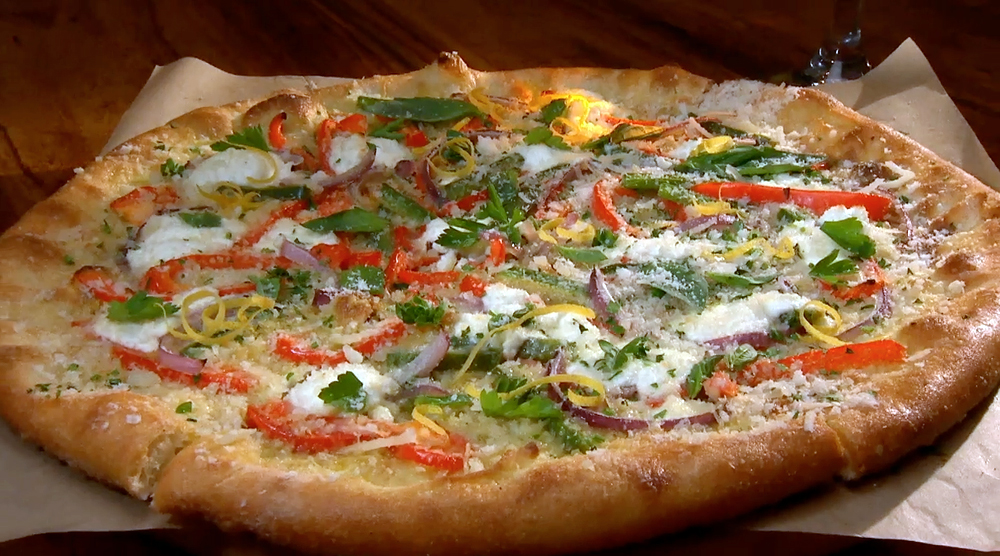 Zut! On Fourth's Sweet Pepper Pizza with gypsy, Jimmy Nardello peppers, goat cheese and onions