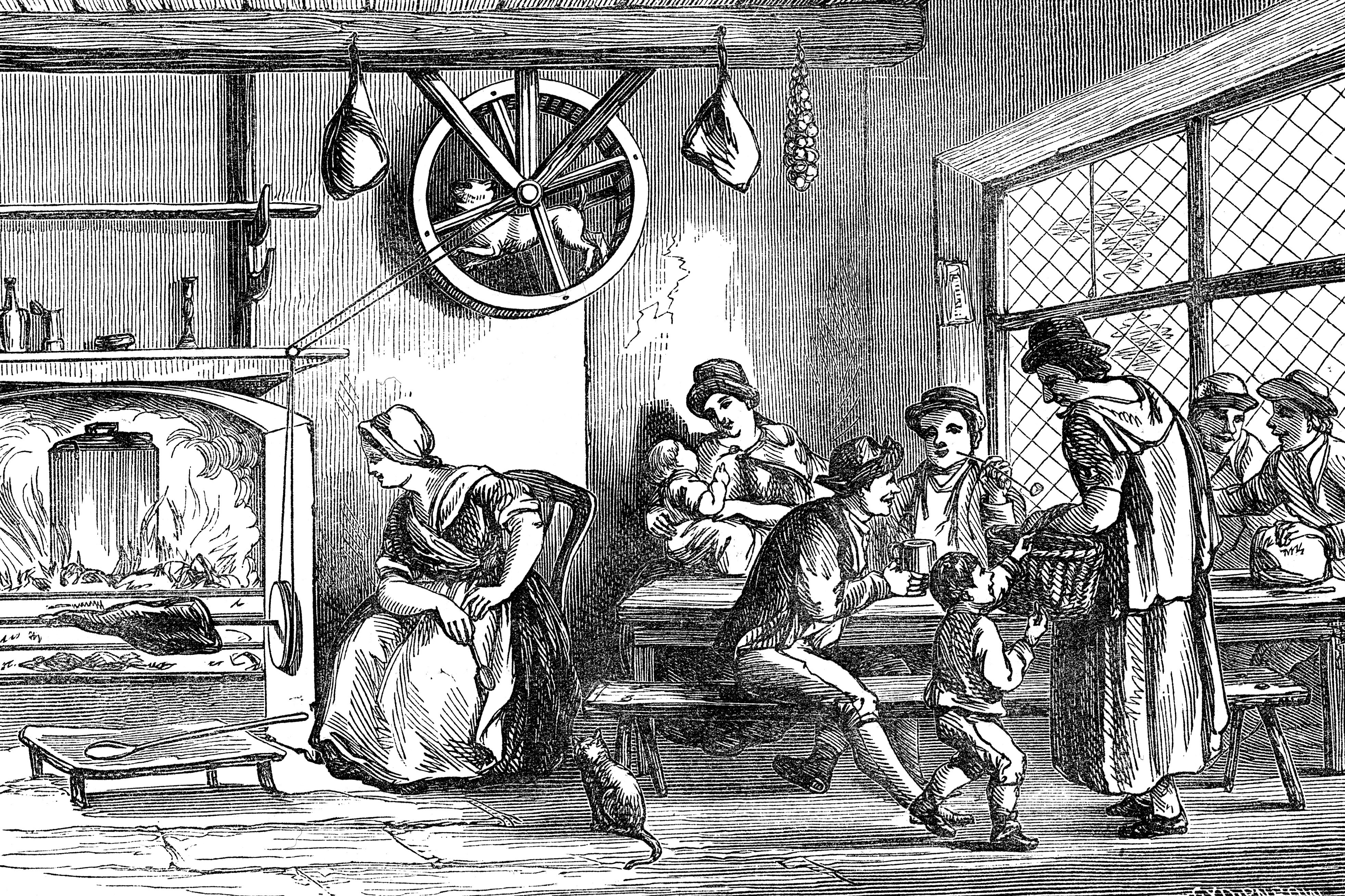 A turnspit dog at work in a wooden cooking wheel in an inn at Newcastle, Carmarthen, Wales, in 1869. Photo: Ann Ronan Pictures/Print Collector/Getty Images