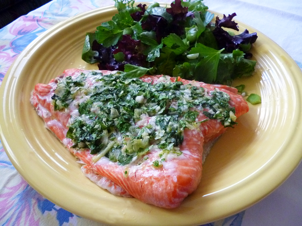 Slow-cooked Salmon over Herb Salad. Photo: Stephanie Rosenbaum Klassen