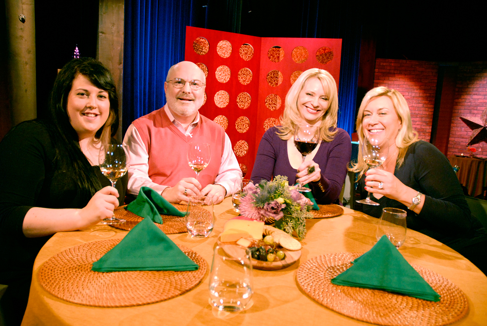 Guests and host Leslie Sbrocco tape the seventh episode of Season 9 of Check, Please! Bay Area at KQED. Photo: Wendy Goodfriend