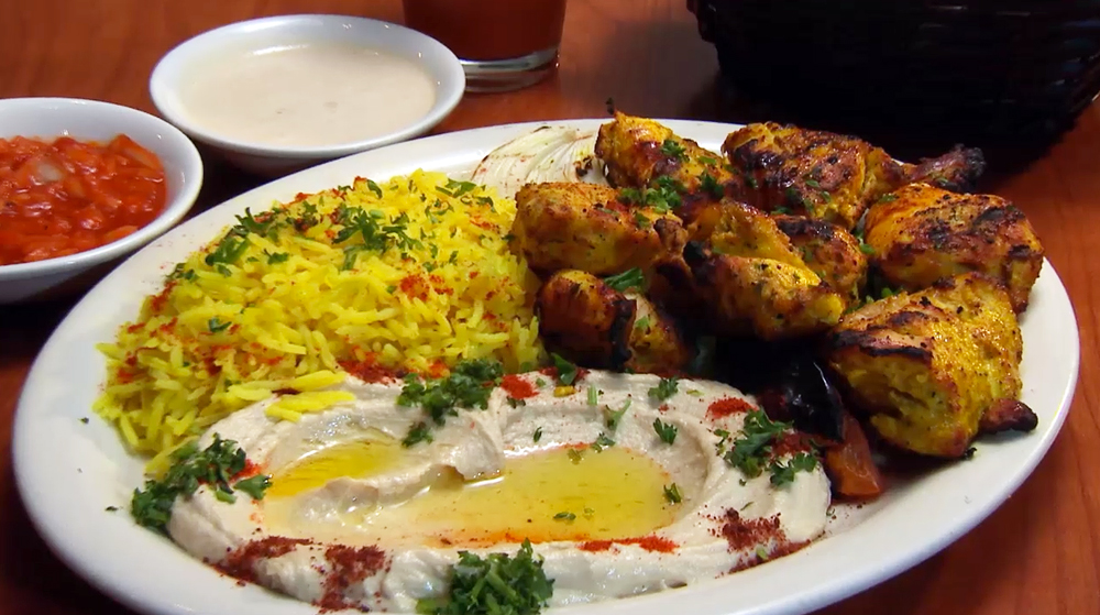 Chicken shish kebab with rice and hummus at Old Jerusalem Restaurant
