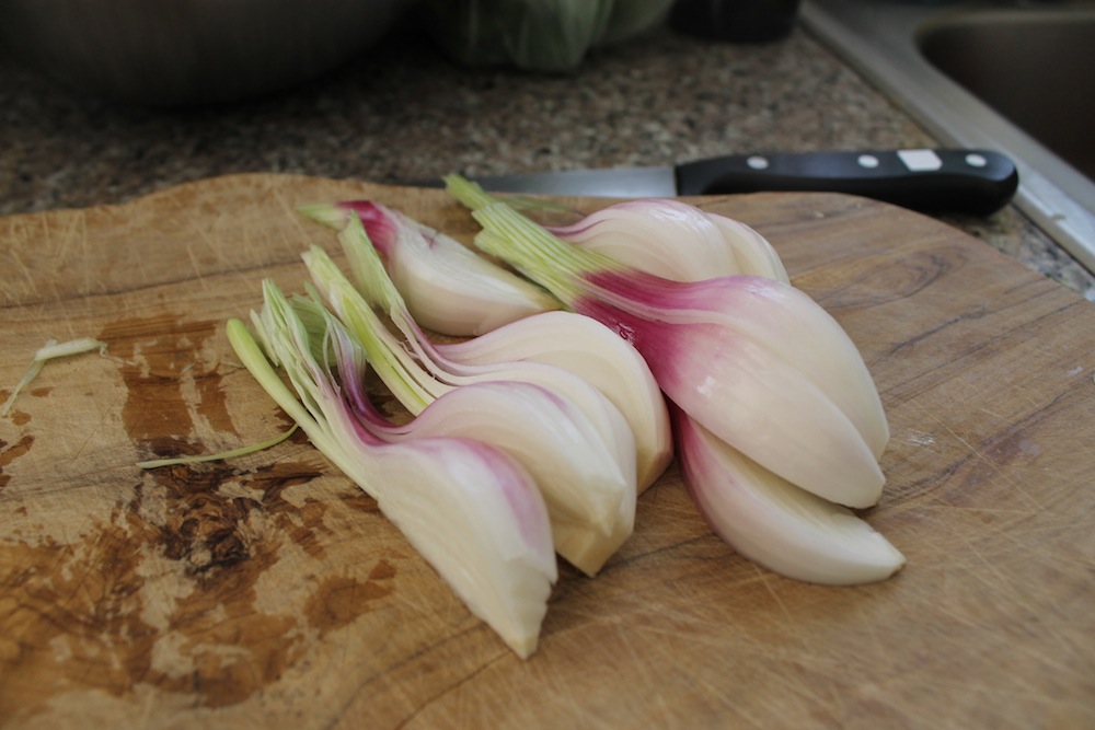 Spring onions should be trimmed of the dark green sections and sliced into 1/2-inch wide wedges. Photo: Kate Williams