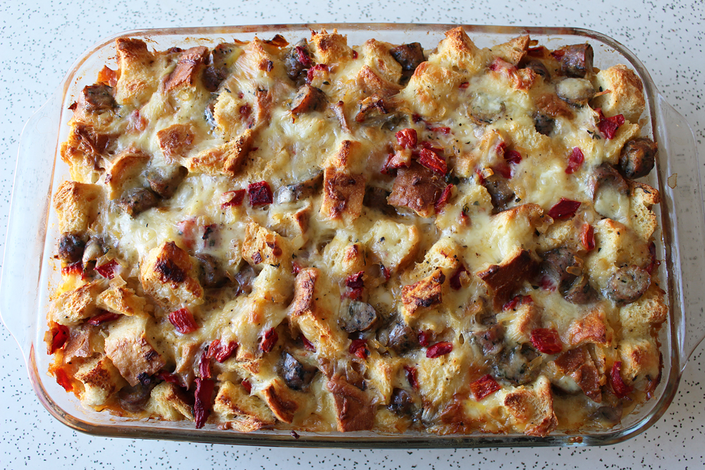 Savory Sausage, Roasted Pepper, and Thyme Bread Pudding. Photo: Wendy Goodfriend