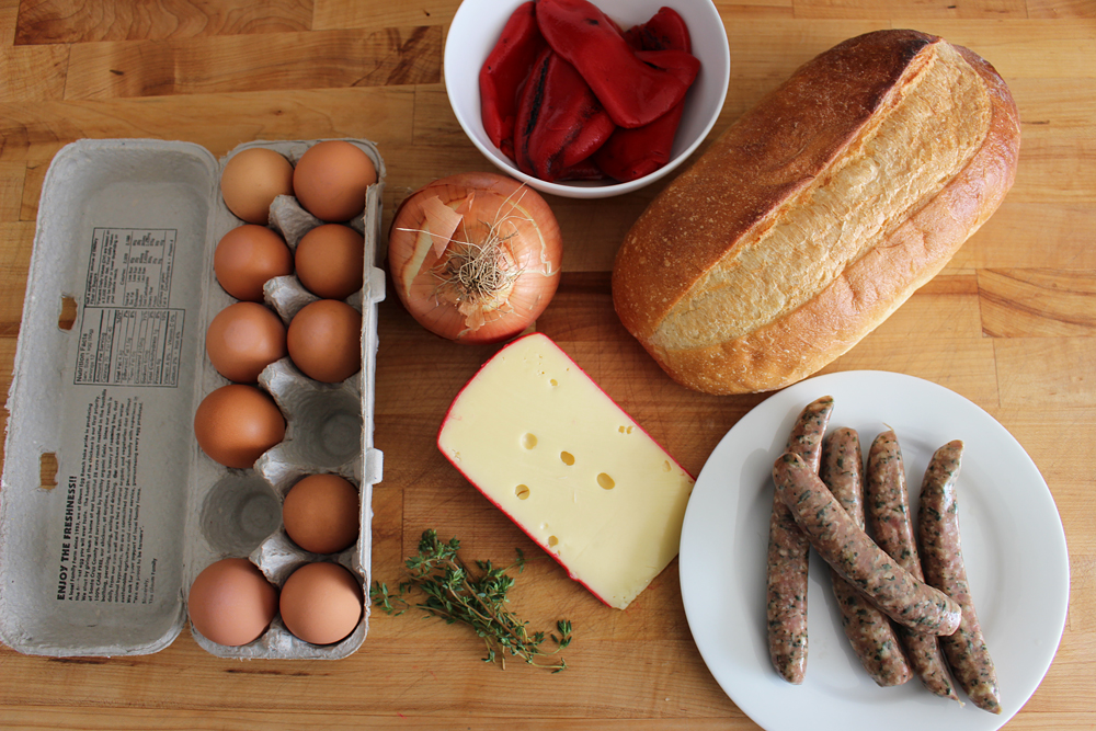 Savory Sausage, Roasted Pepper, and Thyme Bread Pudding ingredients. Photo: Wendy Goodfriend