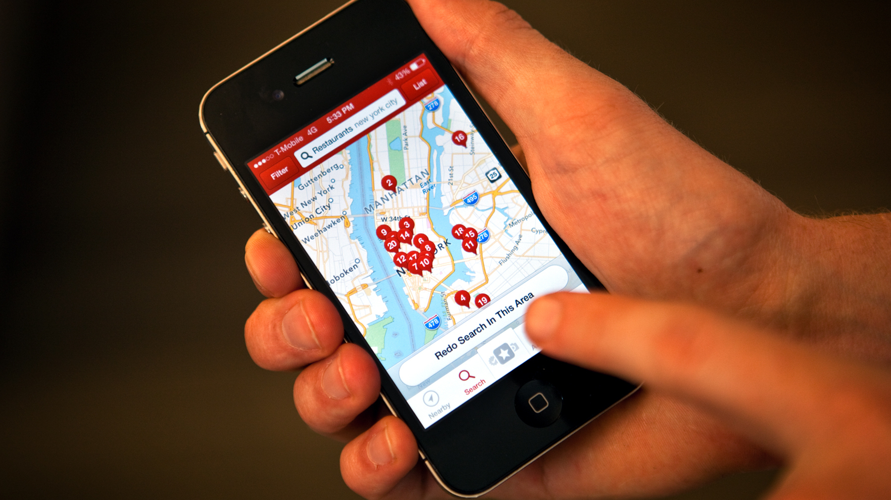 The Yelp app maps out restaurant locations in Manhattan. Photo: Meredith Rizzo/NPR